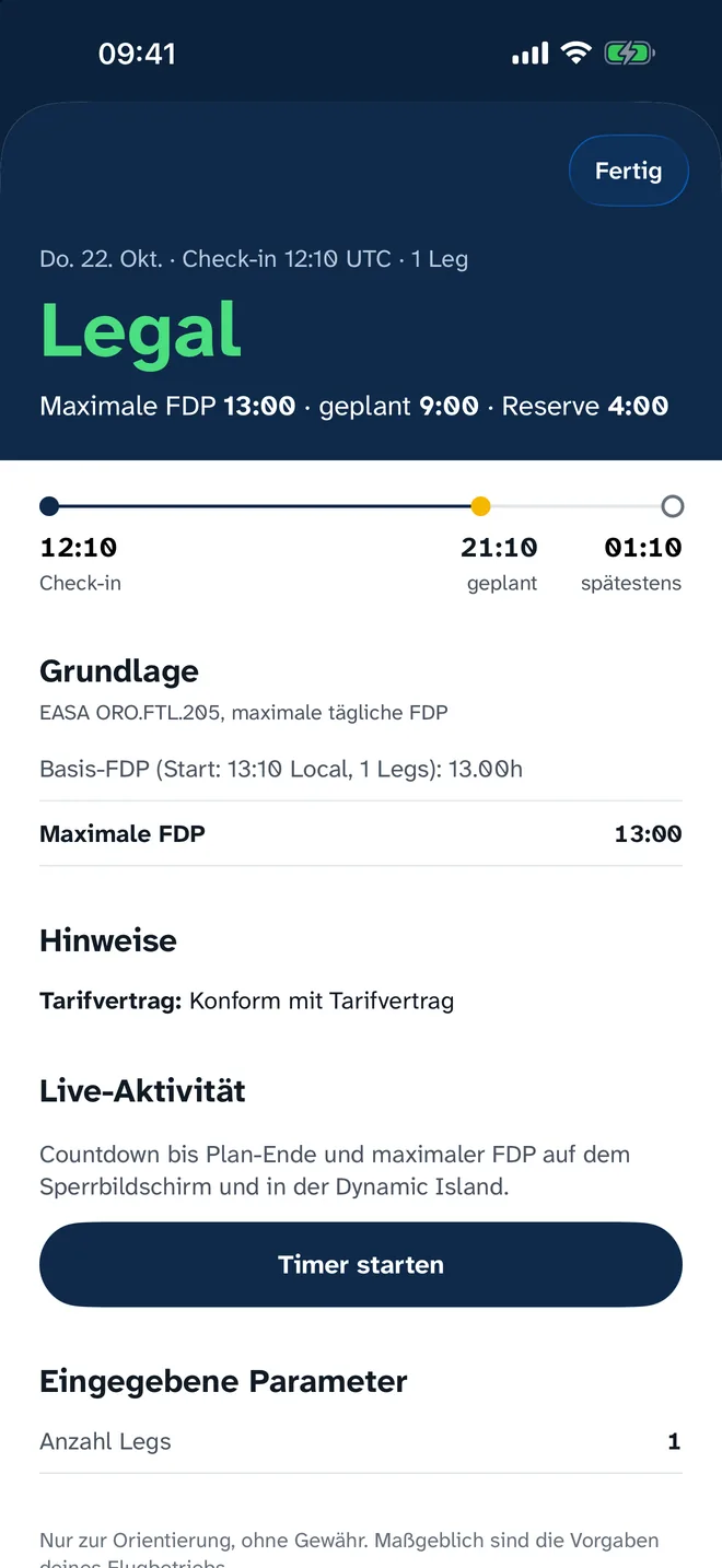 FDP-Ergebnis „Legal“ mit maximaler FDP, Reserve und Zeitleiste