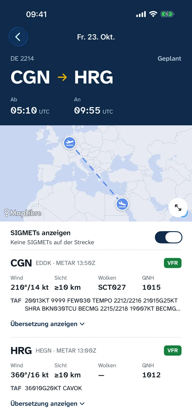 Flugdetail DE 2214 CGN–HRG mit Zeiten und Routenkarte