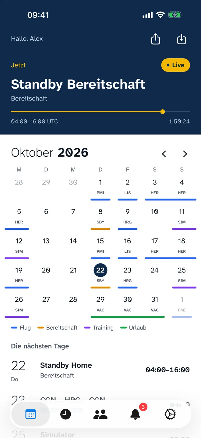 Monatskalender: Tageszahlen mit Farblinien je Dienst, oben der laufende Standby