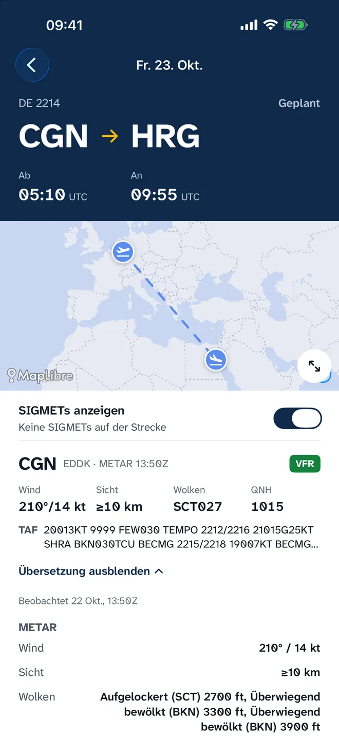 Streckenwetter CGN–HRG mit Karte und übersetztem METAR