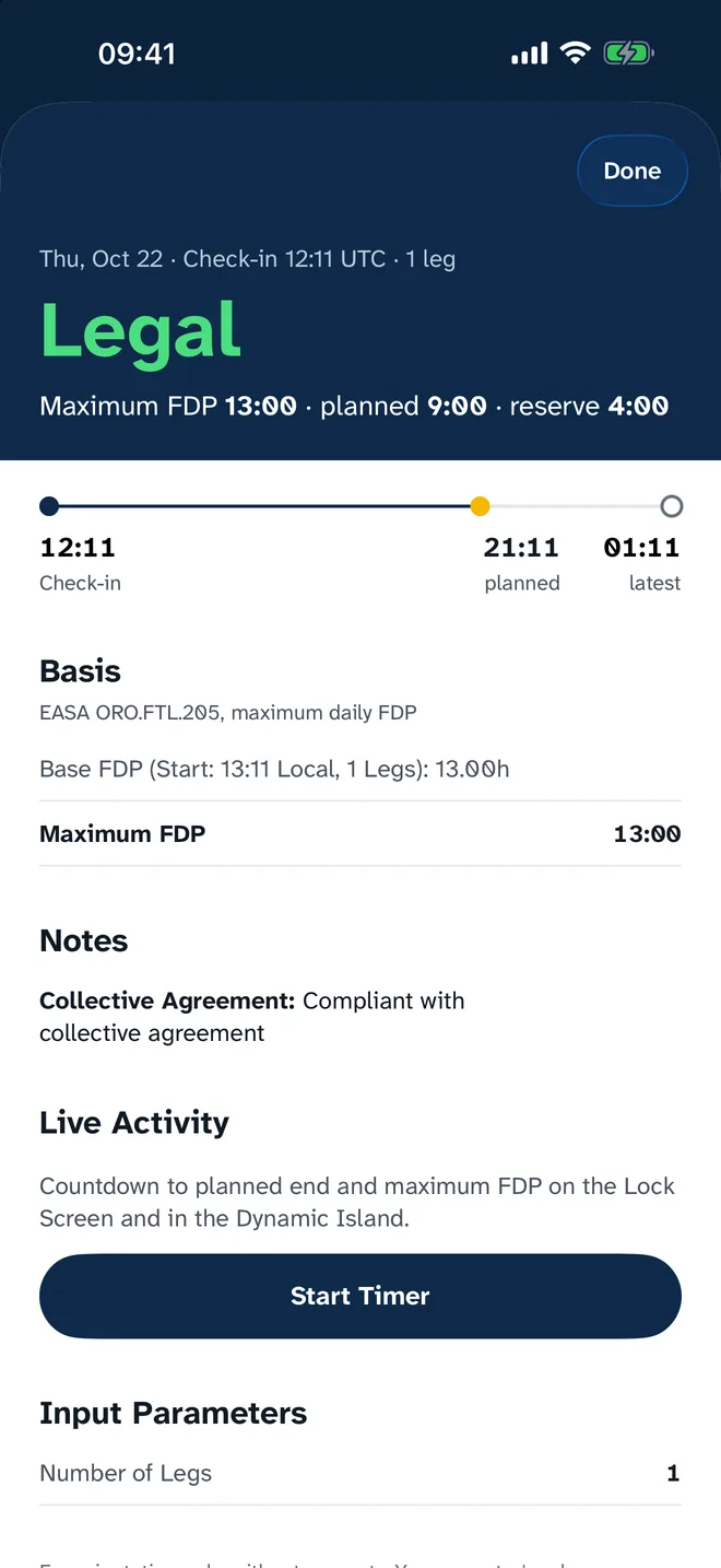 FDP result “Legal” with maximum FDP, reserve and timeline