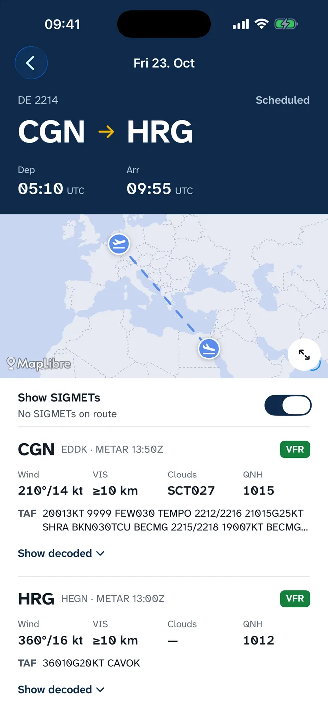 Flight detail DE 2214 CGN–HRG with times and route map