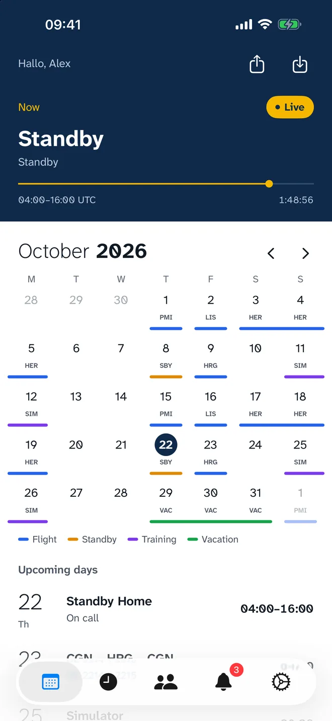 Month calendar: day numbers with a coloured line per duty, the current standby on top