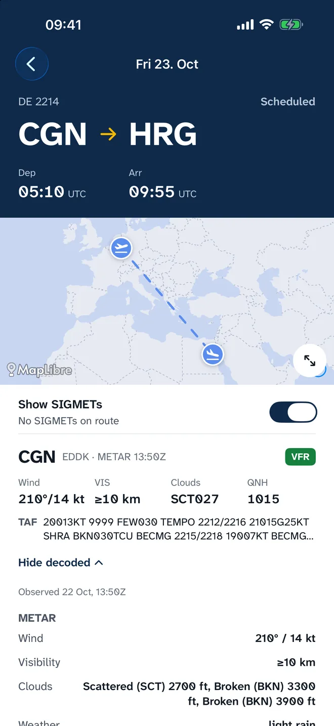 Route weather CGN–HRG with map and decoded METAR